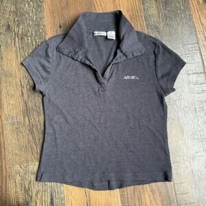 Y2K Us Three ANGEL Rhinestone Baby Polo Tee Top Sz M Gray Stretch Fitted Club